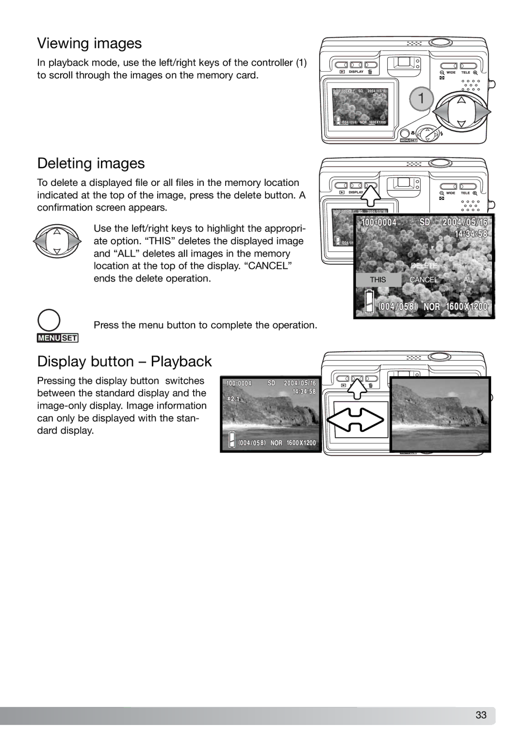 Konica Minolta G600 instruction manual Viewing images, Display button Playback 