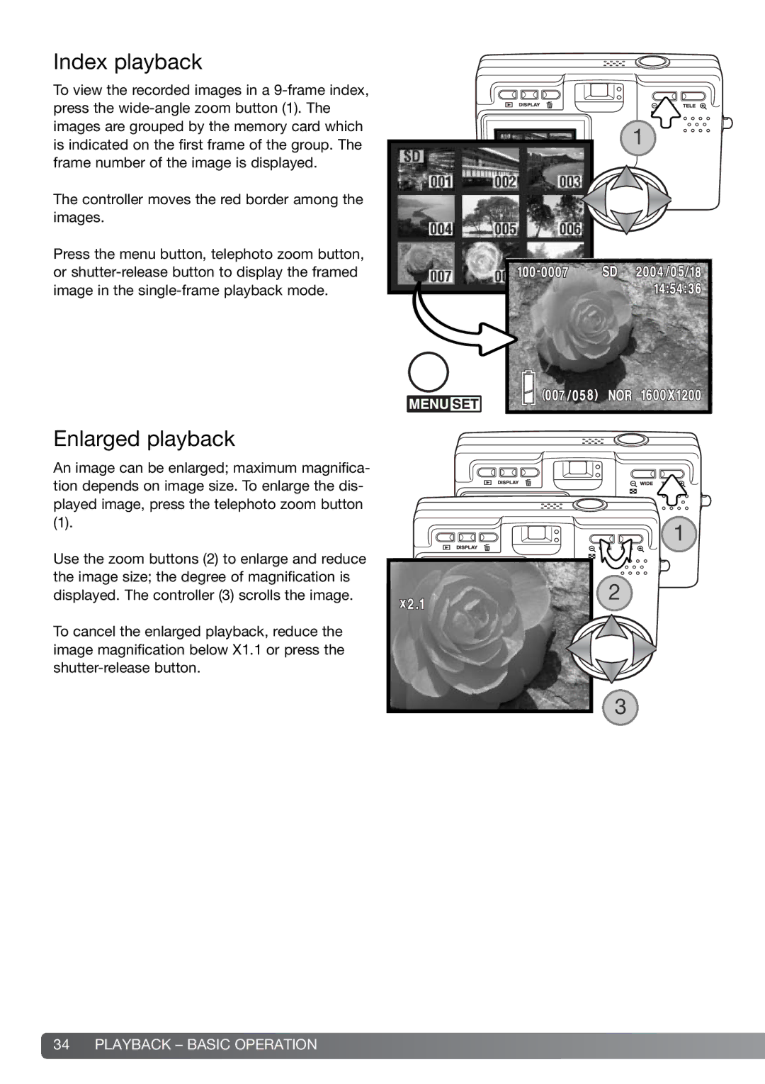 Konica Minolta G600 instruction manual Index playback, Enlarged playback 