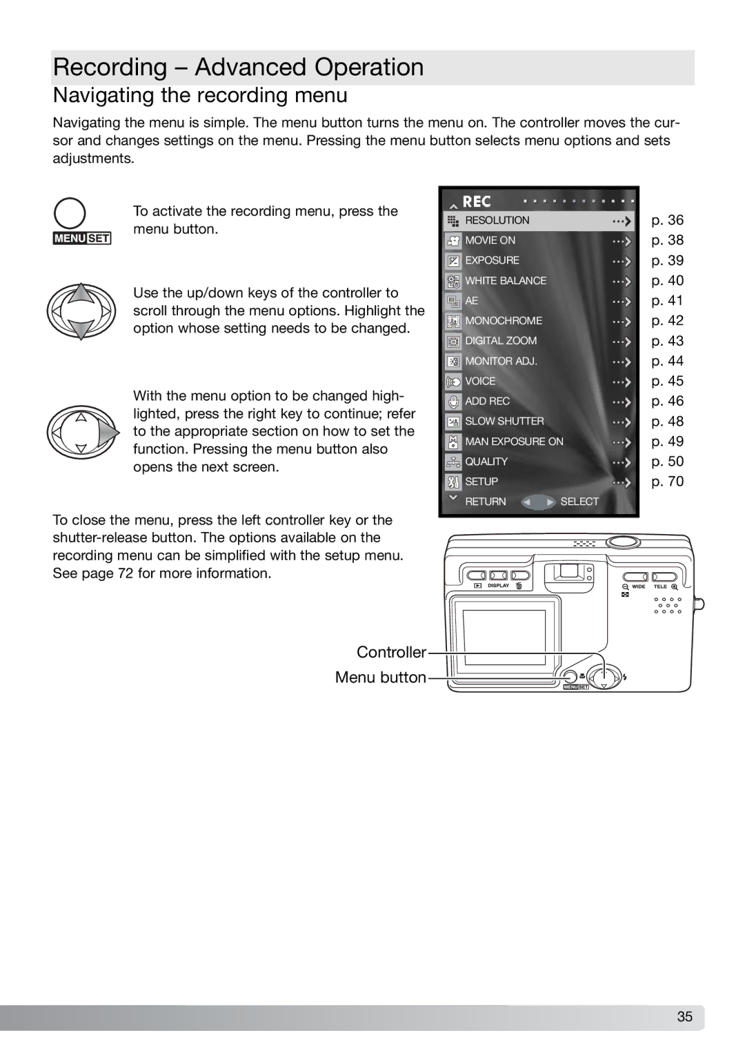 Konica Minolta G600 instruction manual Recording Advanced Operation, Navigating the recording menu 