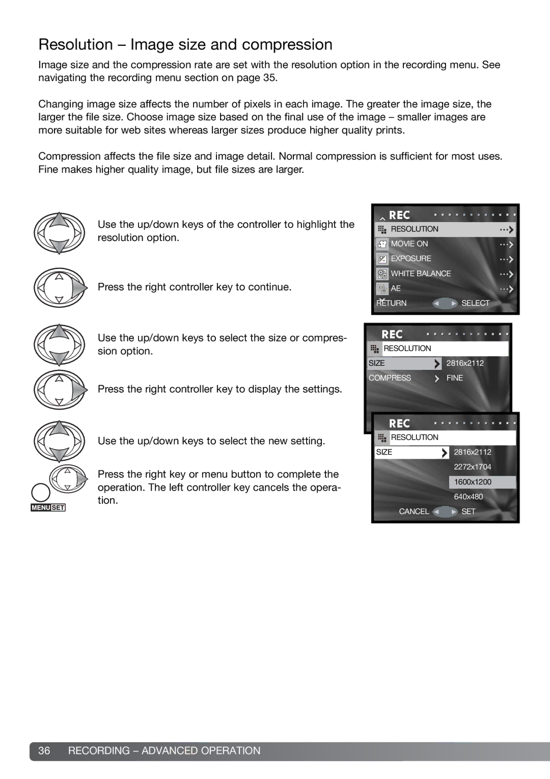 Konica Minolta G600 instruction manual Resolution Image size and compression, Recording Advanced Operation 