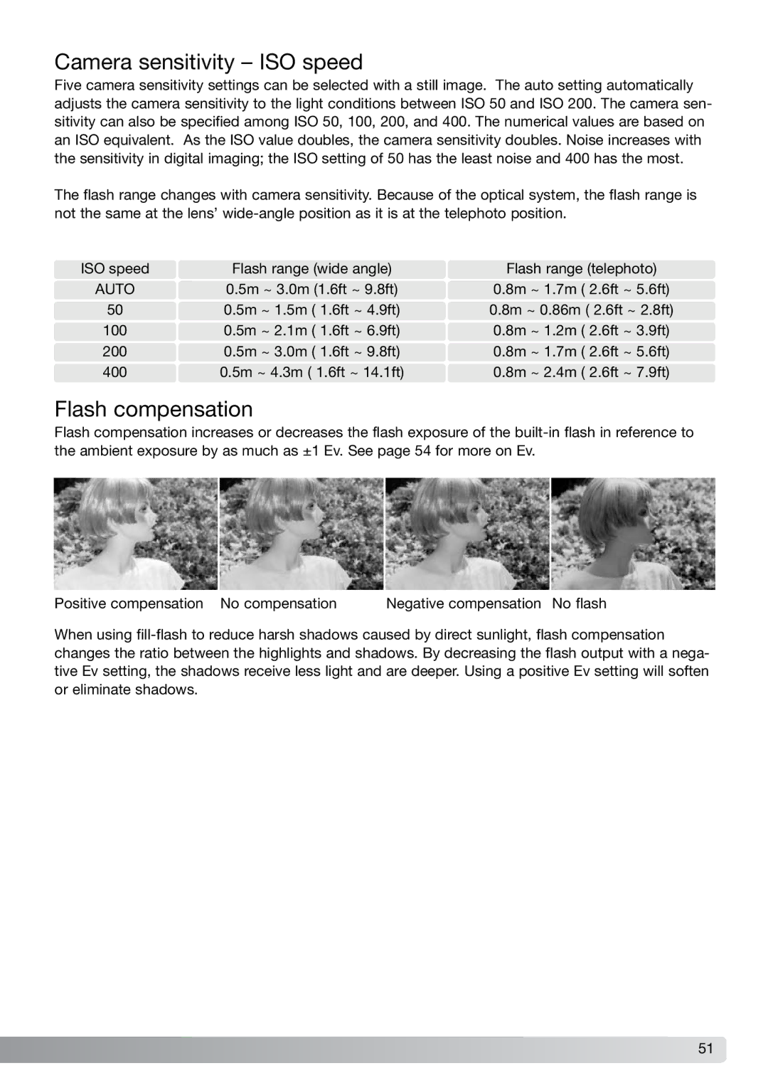 Konica Minolta G600 instruction manual Camera sensitivity ISO speed, Flash compensation 