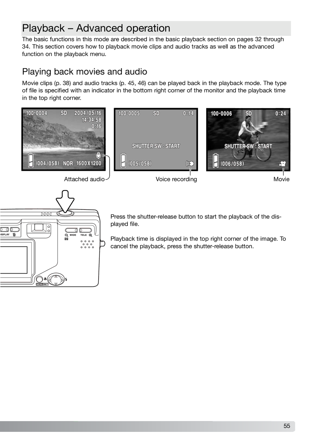 Konica Minolta G600 instruction manual Playback Advanced operation, Playing back movies and audio 