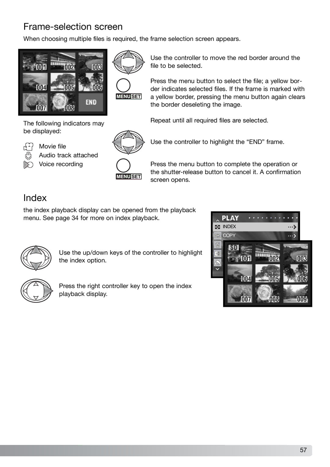 Konica Minolta G600 instruction manual Frame-selection screen, Index 