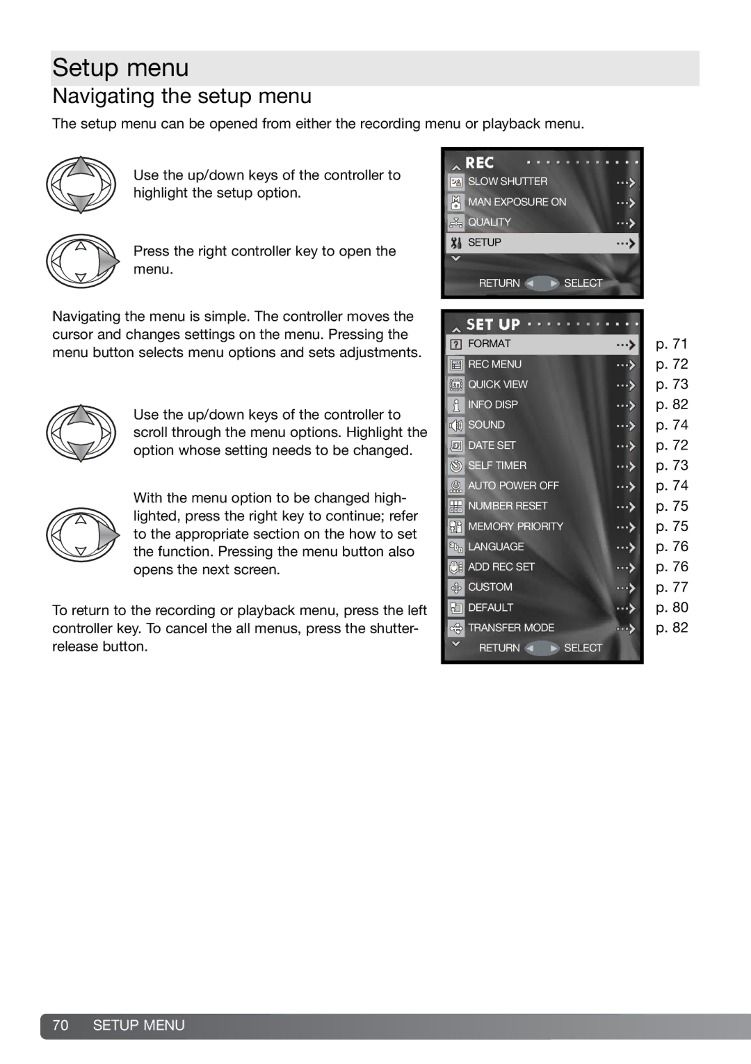 Konica Minolta G600 instruction manual Setup menu, Navigating the setup menu 