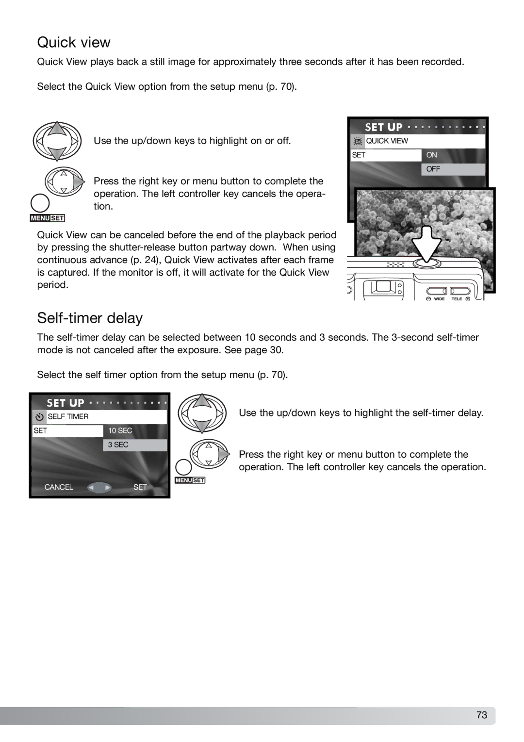 Konica Minolta G600 instruction manual Quick view, Self-timer delay 