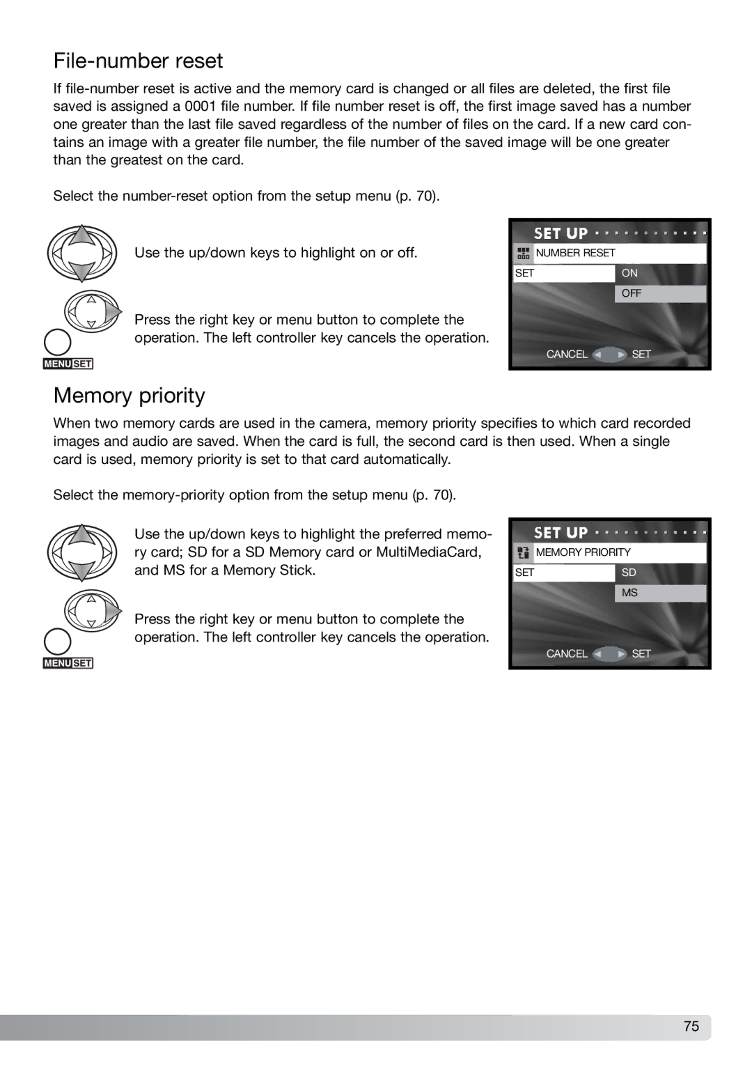 Konica Minolta G600 instruction manual File-number reset, Memory priority 