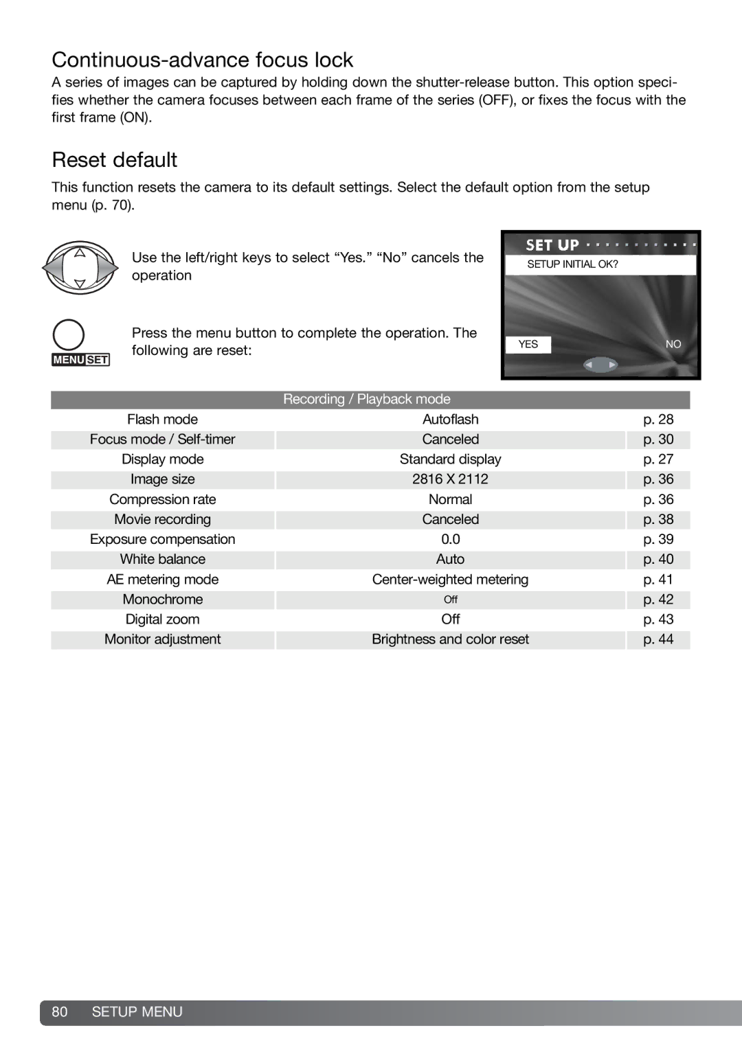 Konica Minolta G600 instruction manual Continuous-advance focus lock, Reset default 