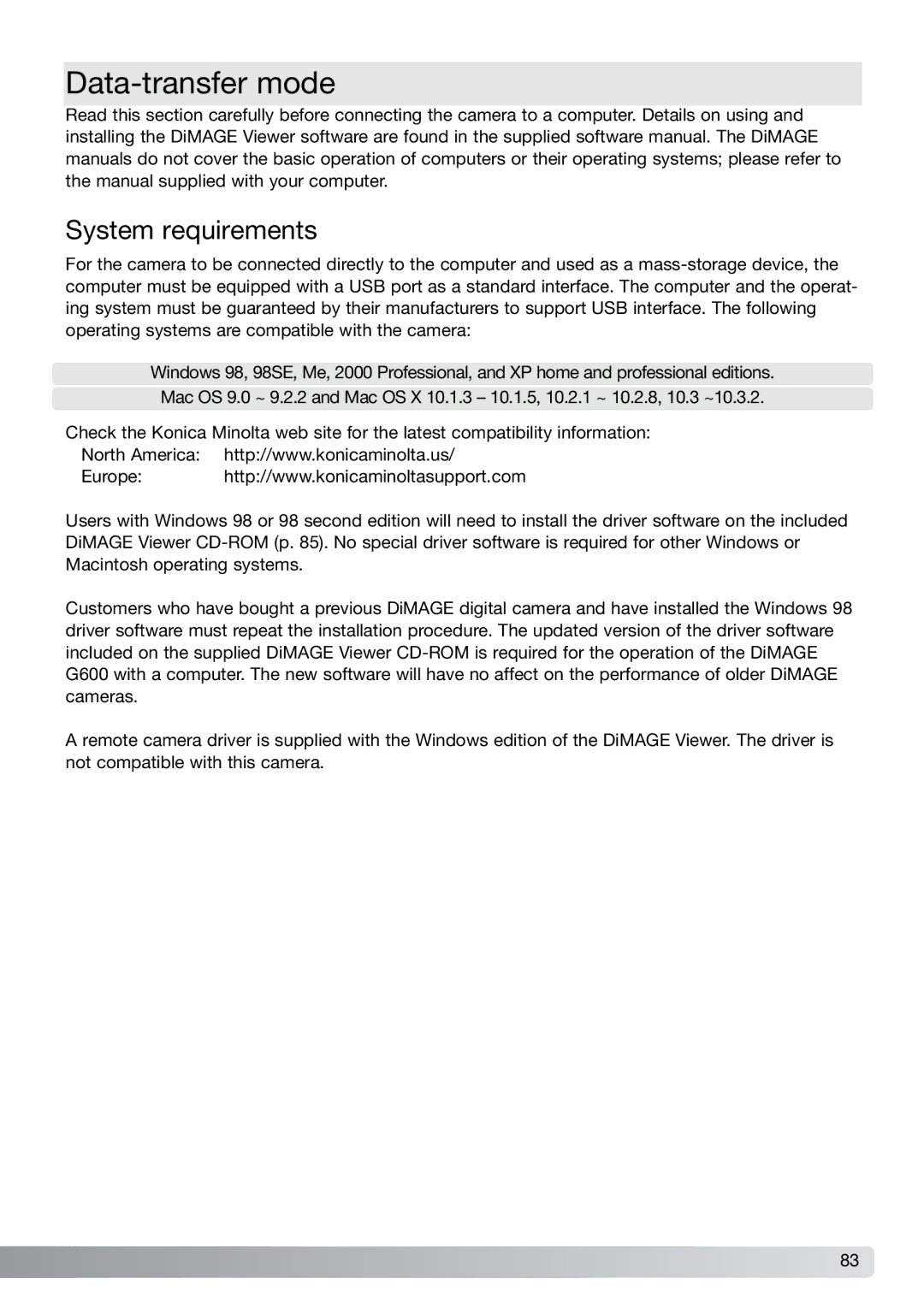 Konica Minolta G600 instruction manual Data-transfer mode, System requirements 