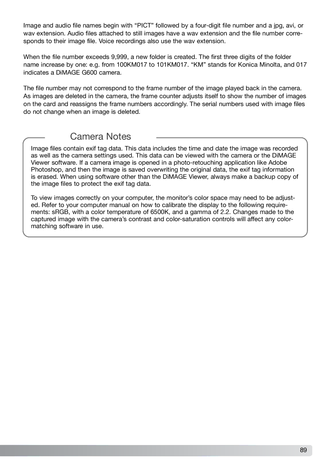 Konica Minolta G600 instruction manual Camera Notes 