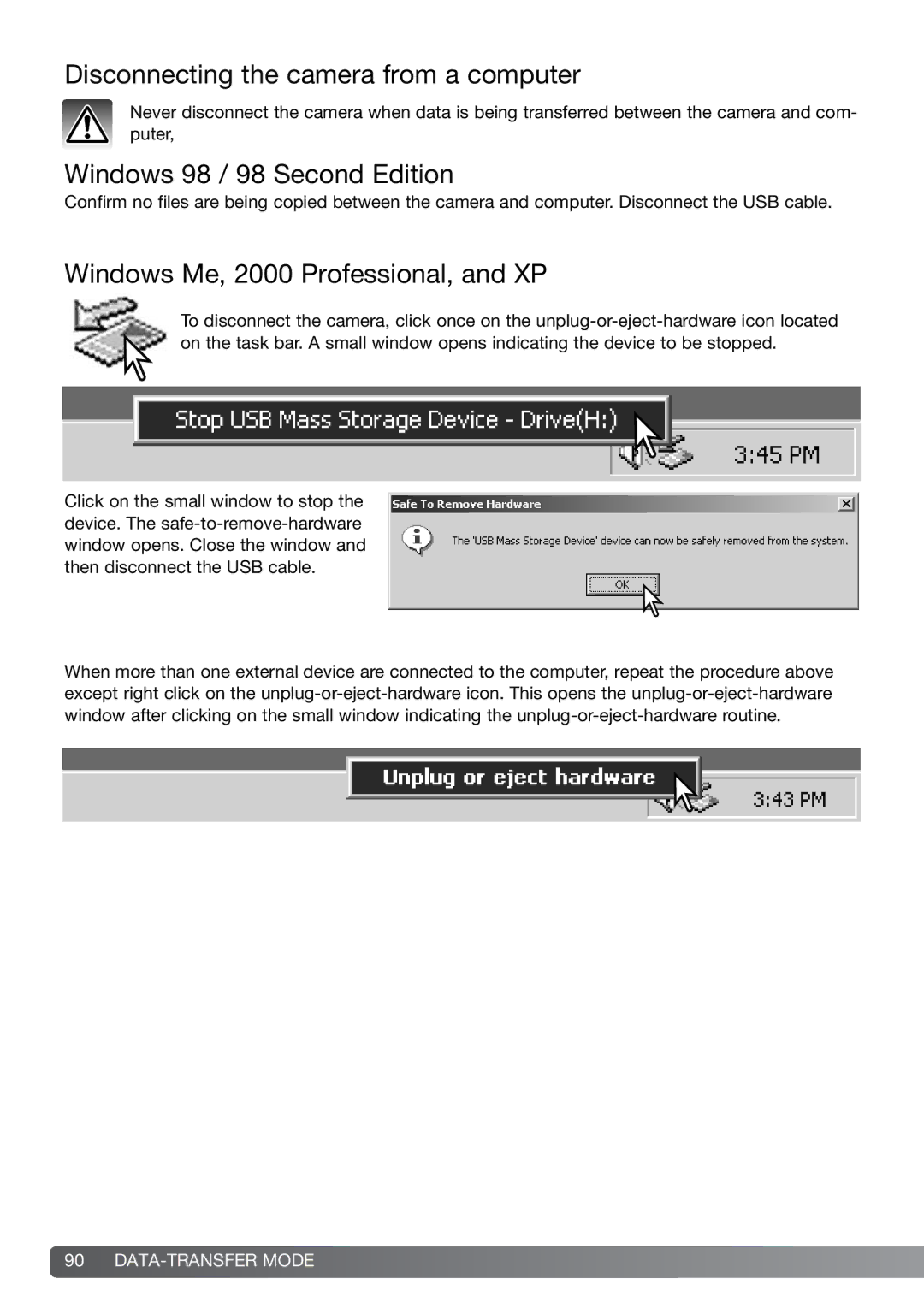 Konica Minolta G600 instruction manual Disconnecting the camera from a computer, Windows 98 / 98 Second Edition 