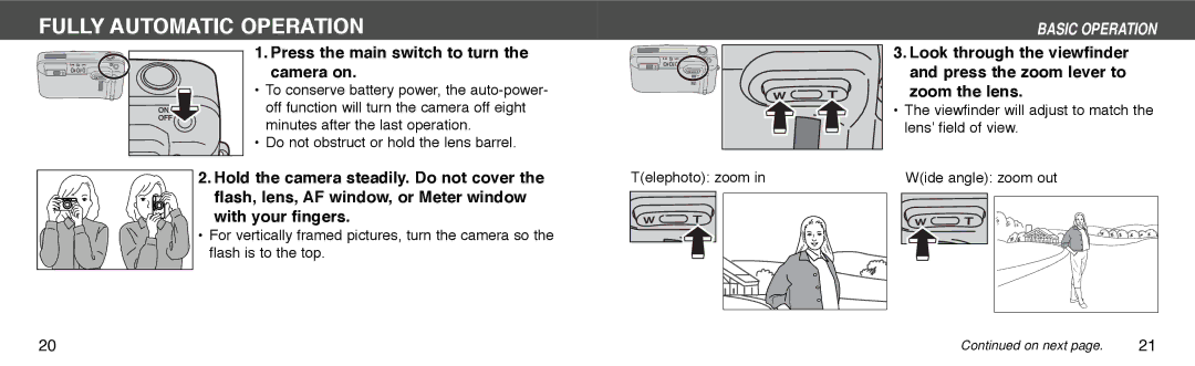 Konica Minolta I60c instruction manual Fully Automatic Operation, Press the main switch to turn the camera on 