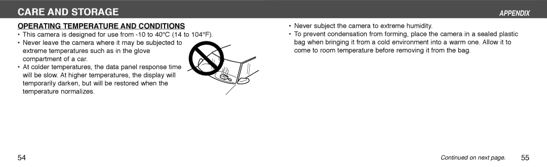 Konica Minolta I60c instruction manual Care and Storage, Operating Temperature and Conditions 