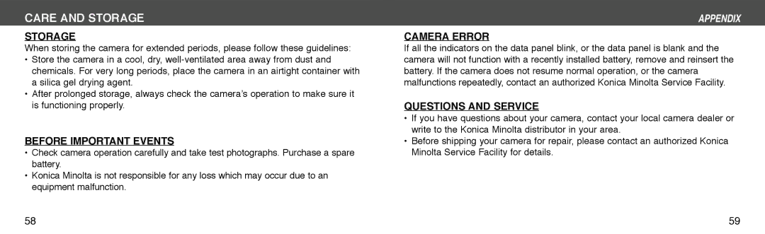 Konica Minolta I60c instruction manual Storage, Before Important Events, Camera Error, Questions and Service 