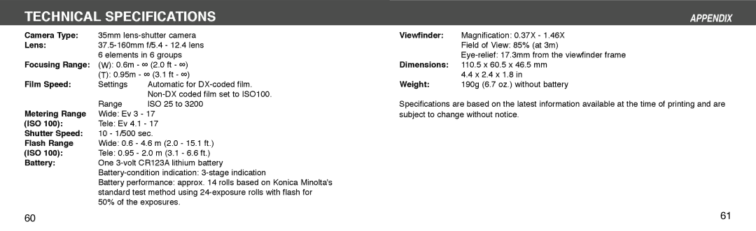 Konica Minolta I60c instruction manual Technical Specifications, Film Speed 