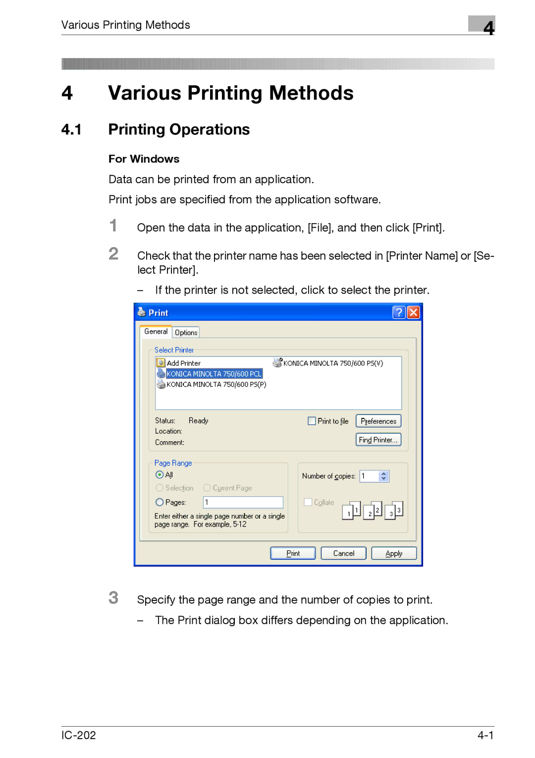 Konica Minolta IC-202 manual Printing Operations, Various Printing Methods 