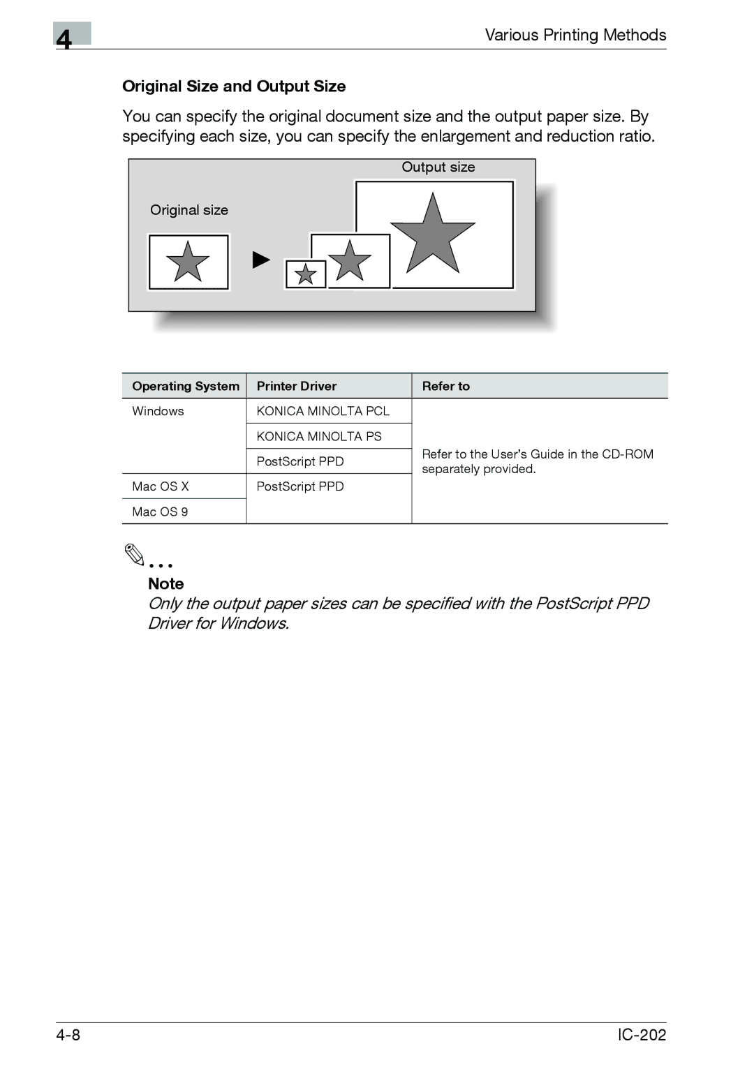 Konica Minolta IC-202 manual Original Size and Output Size, Output size 