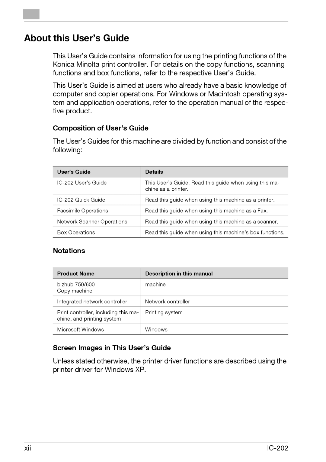 Konica Minolta IC-202 About this User’s Guide, Composition of User’s Guide, Notations, Screen Images in This User’s Guide 