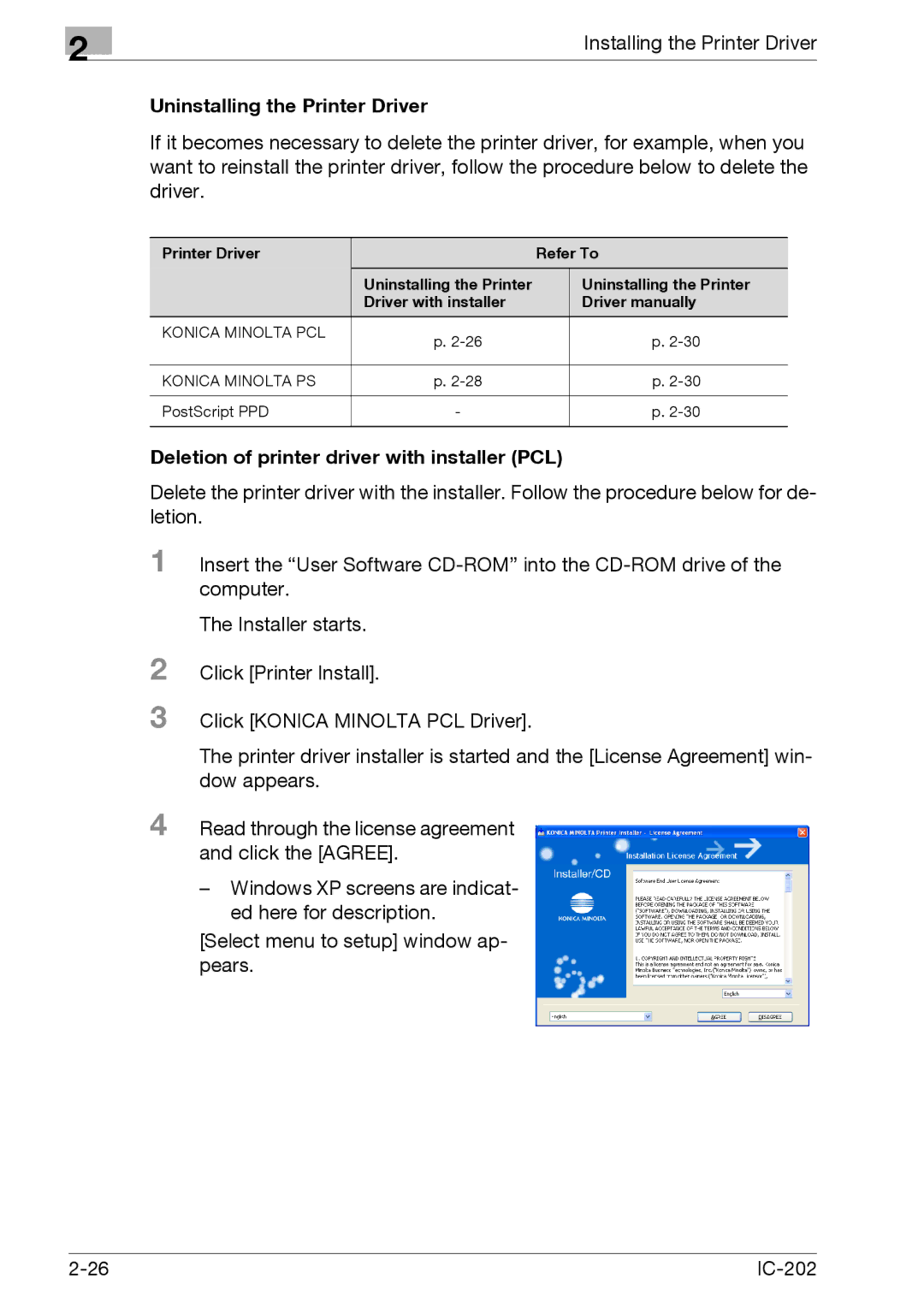 Konica Minolta IC-202 manual Uninstalling the Printer Driver, Deletion of printer driver with installer PCL 