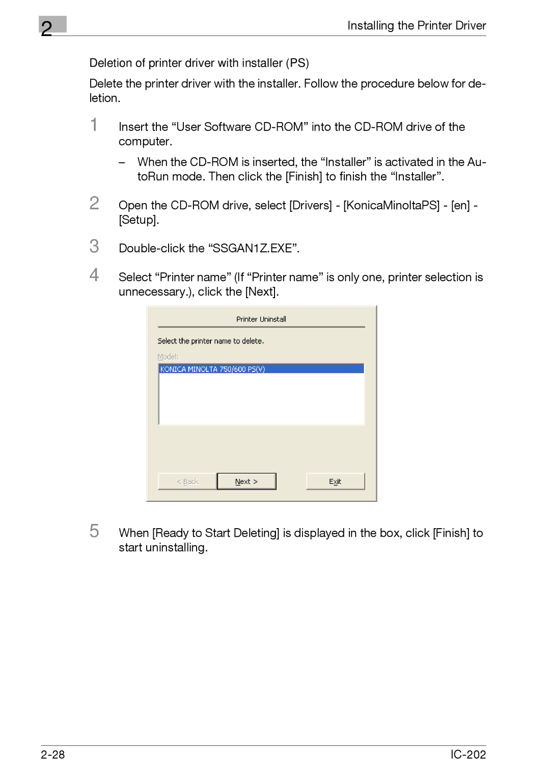 Konica Minolta IC-202 manual Deletion of printer driver with installer PS 