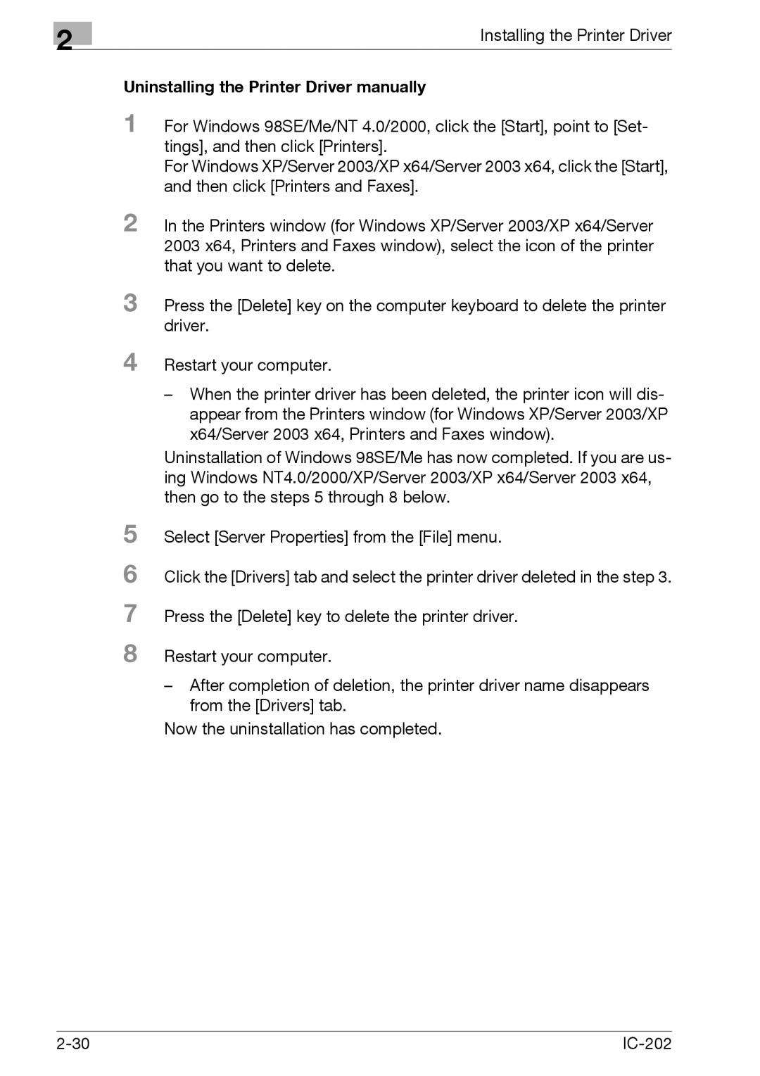 Konica Minolta IC-202 Uninstalling the Printer Driver manually 