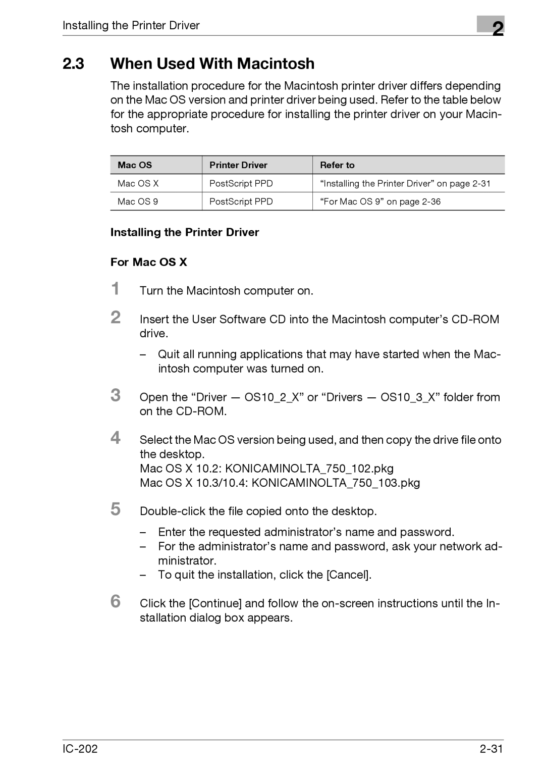 Konica Minolta IC-202 manual When Used With Macintosh, Installing the Printer Driver For Mac OS 