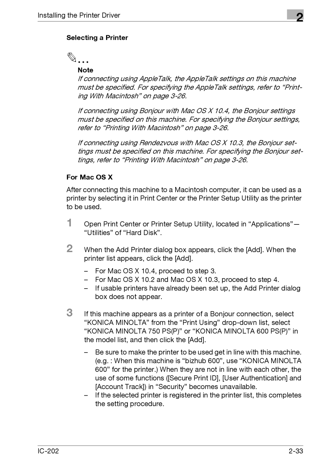 Konica Minolta IC-202 manual Selecting a Printer 