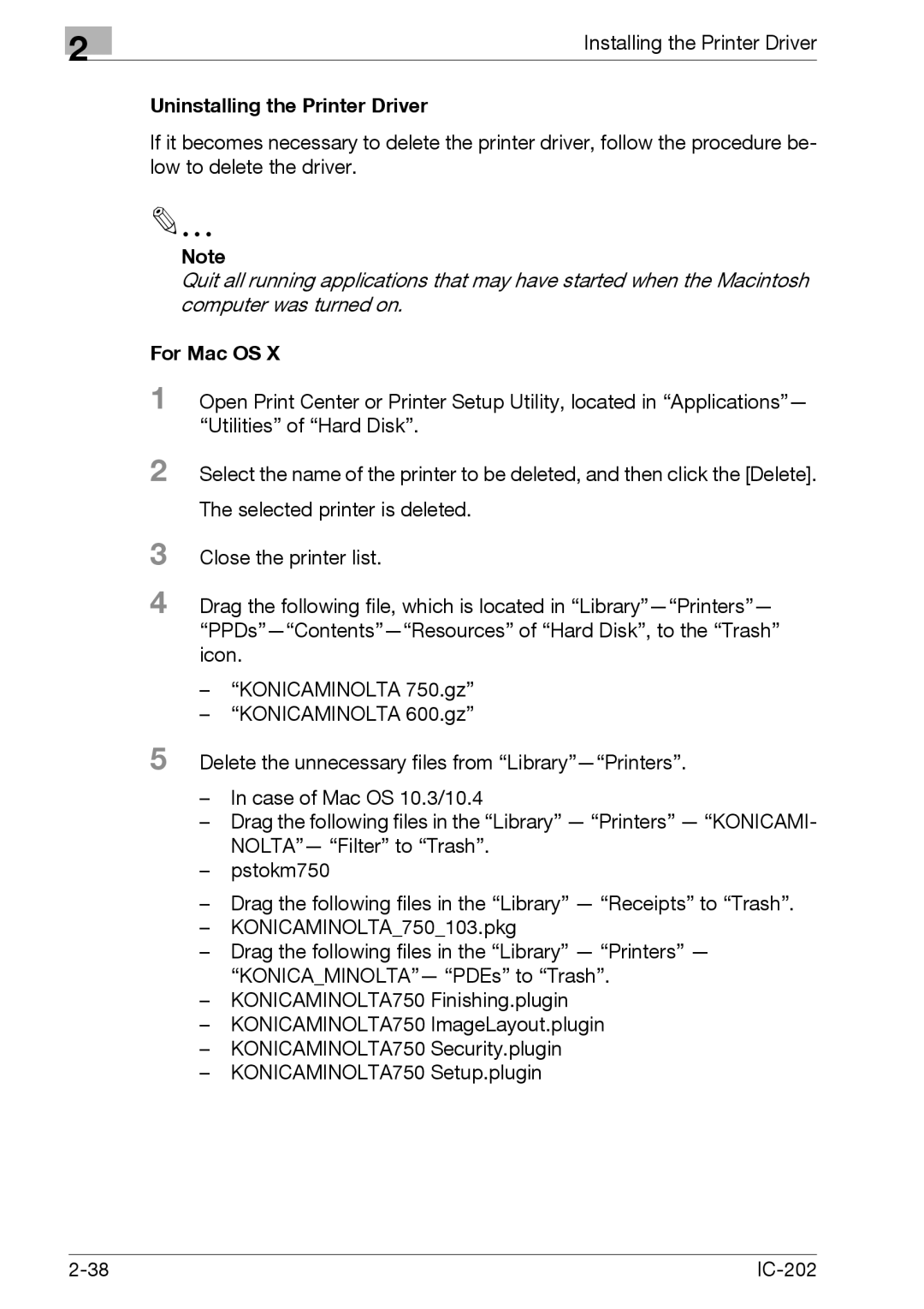 Konica Minolta IC-202 manual Uninstalling the Printer Driver 