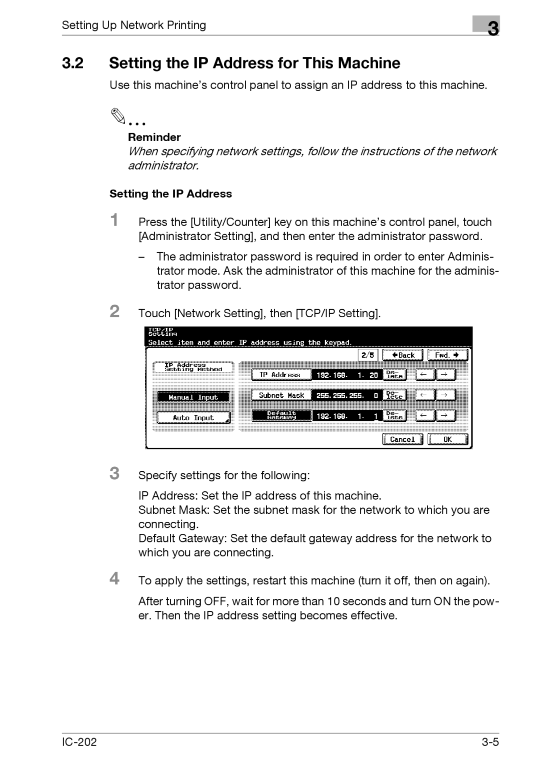 Konica Minolta IC-202 manual Setting the IP Address for This Machine 