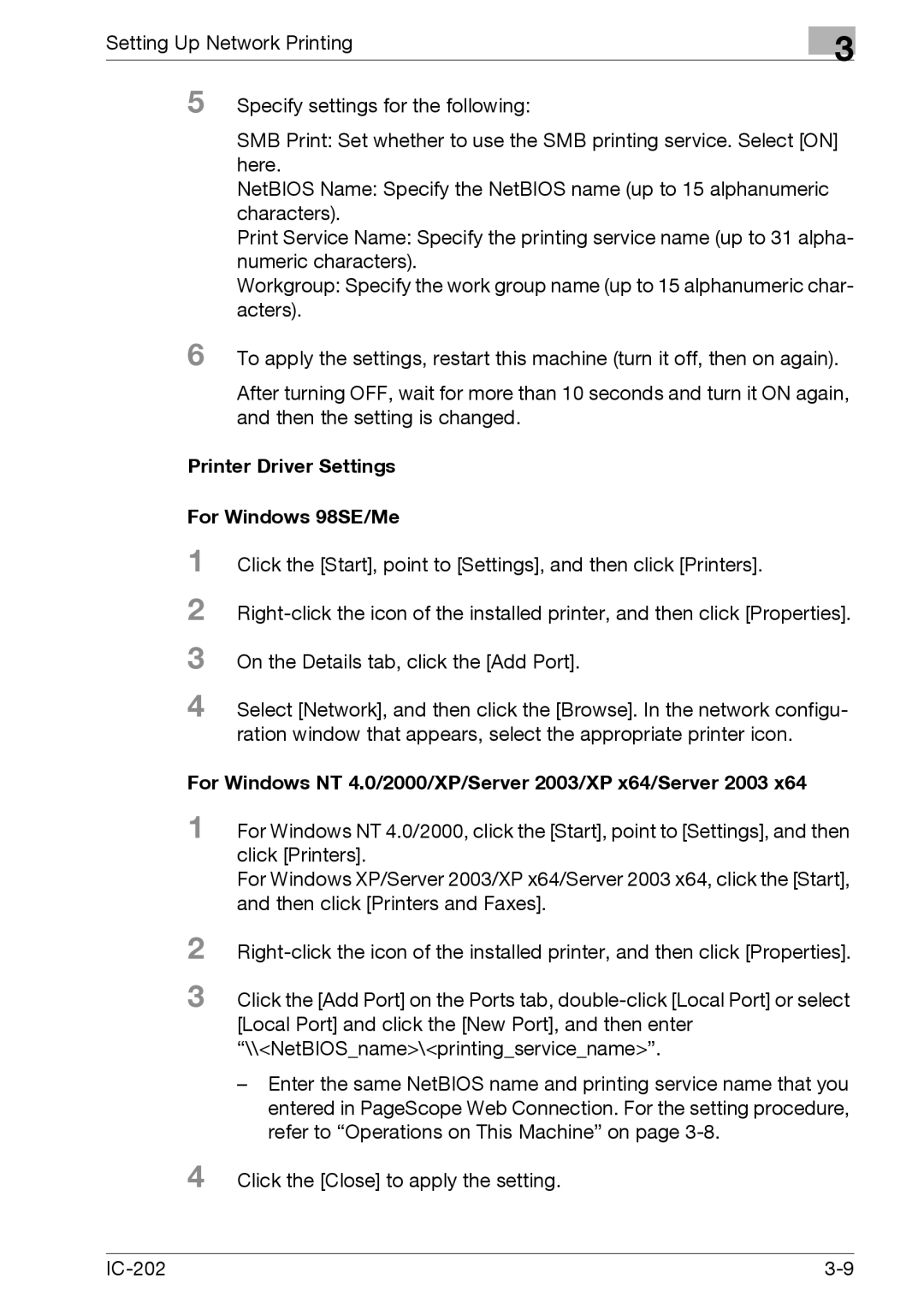 Konica Minolta IC-202 manual Printer Driver Settings For Windows 98SE/Me 