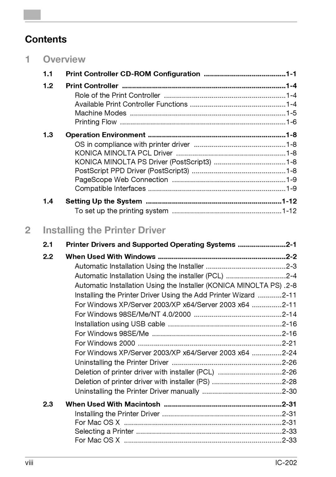 Konica Minolta IC-202 manual Contents, Print Controller CD-ROM Configuration, Operation Environment, Setting Up the System 