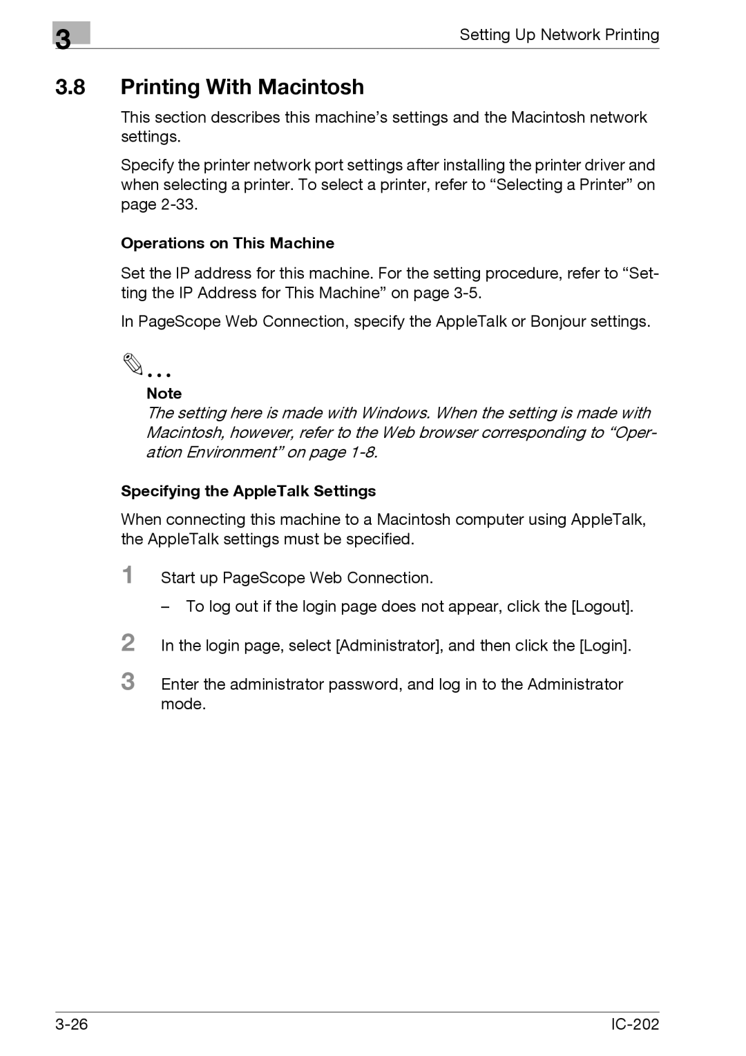 Konica Minolta IC-202 manual Printing With Macintosh, Specifying the AppleTalk Settings 