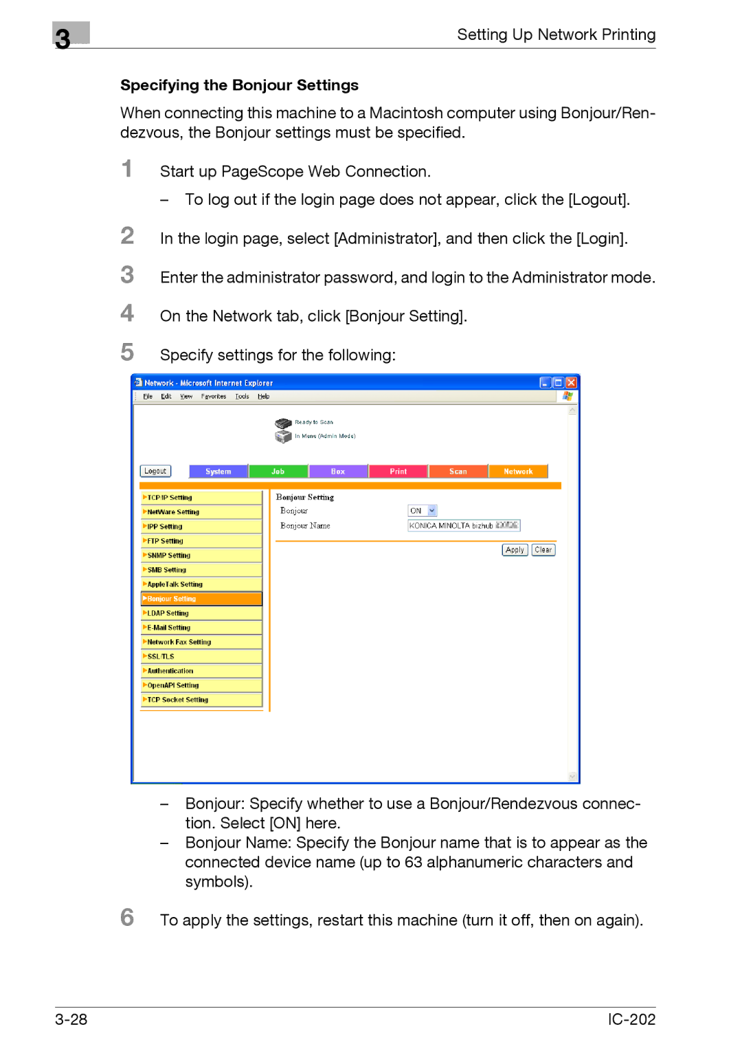 Konica Minolta IC-202 manual Specifying the Bonjour Settings 