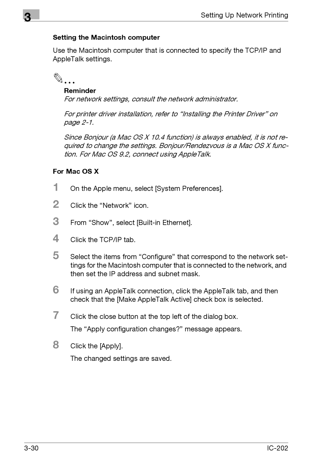 Konica Minolta IC-202 manual Setting the Macintosh computer, Reminder 