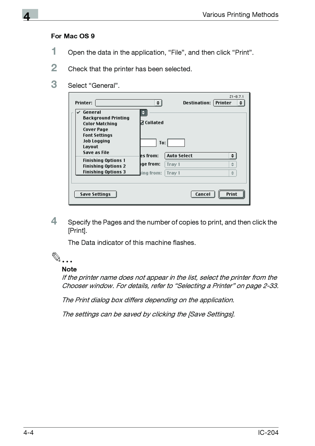 Konica Minolta IC-204 manual Various Printing Methods, For Mac OS 