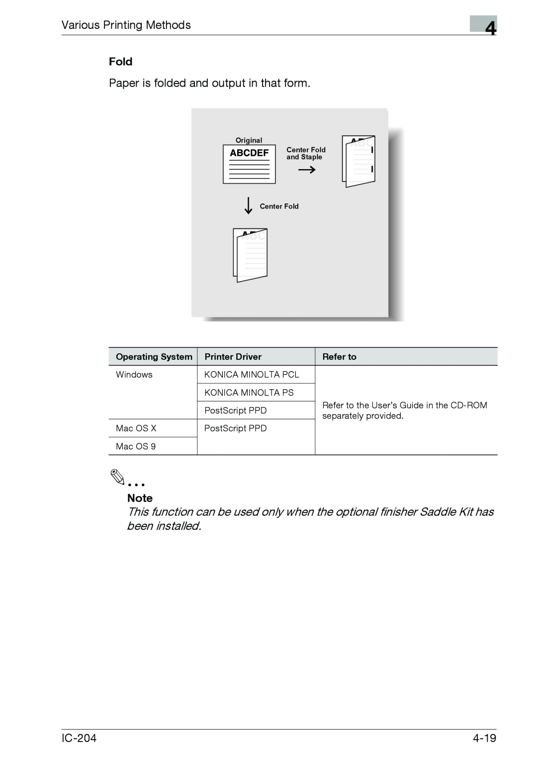 Konica Minolta IC-204 manual Operating System, Printer Driver, Refer to, Original Center Fold and Staple Center Fold 