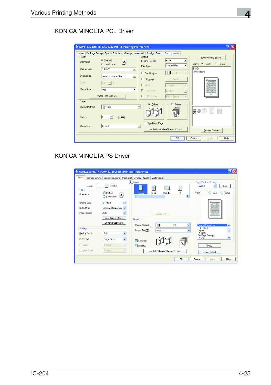 Konica Minolta IC-204 manual Various Printing Methods, KONICA MINOLTA PCL Driver, KONICA MINOLTA PS Driver, 4-25 