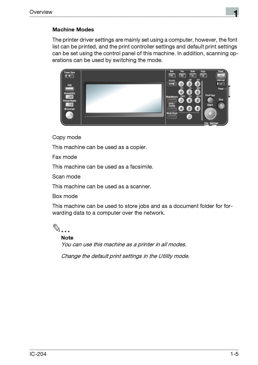 Konica Minolta IC-204 manual Overview, Machine Modes 