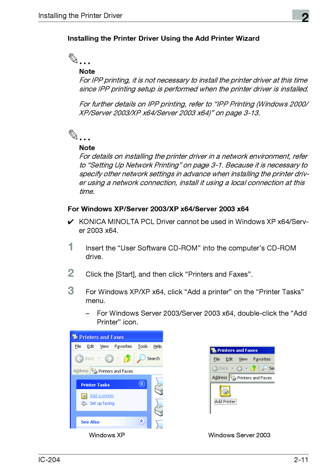 Konica Minolta IC-204 manual For Windows XP/Server 2003/XP x64/Server 2003 