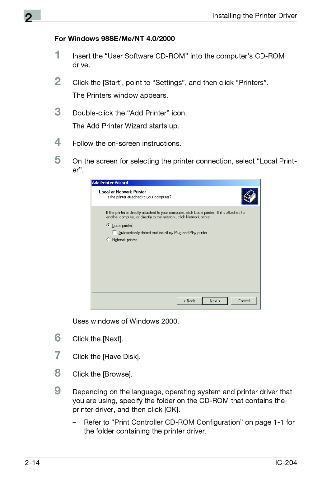 Konica Minolta IC-204 manual For Windows 98SE/Me/NT 4.0/2000 