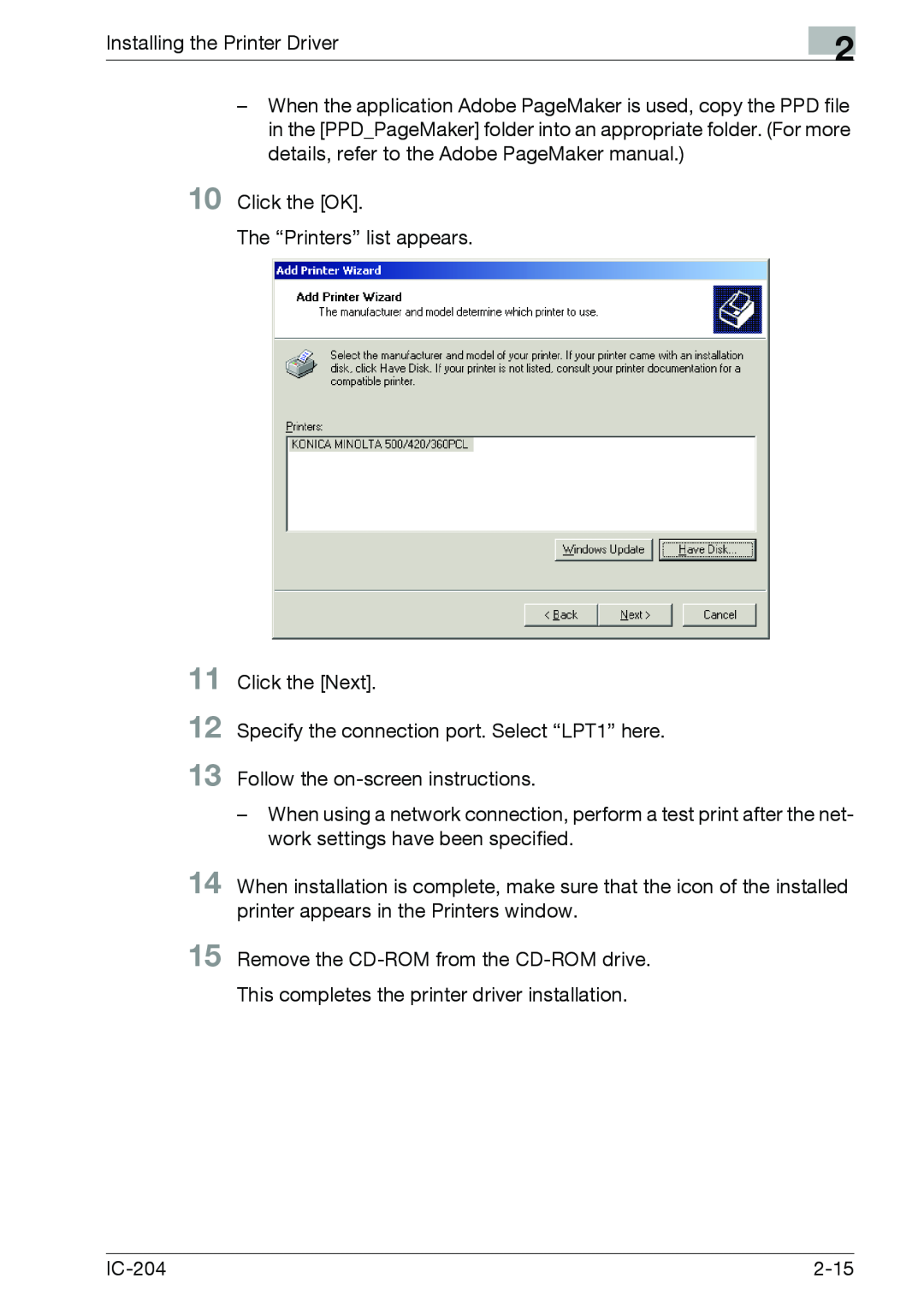 Konica Minolta IC-204 manual 10 11 12 13, Installing the Printer Driver 