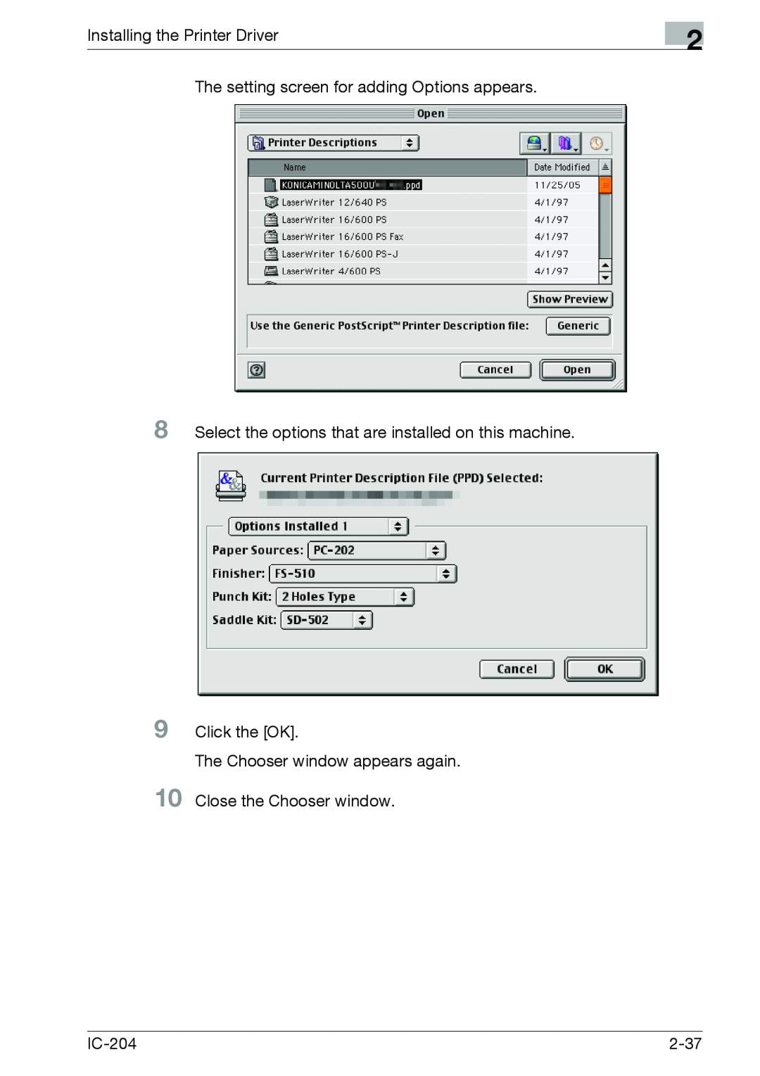 Konica Minolta IC-204 manual Installing the Printer Driver, The setting screen for adding Options appears, 2-37 