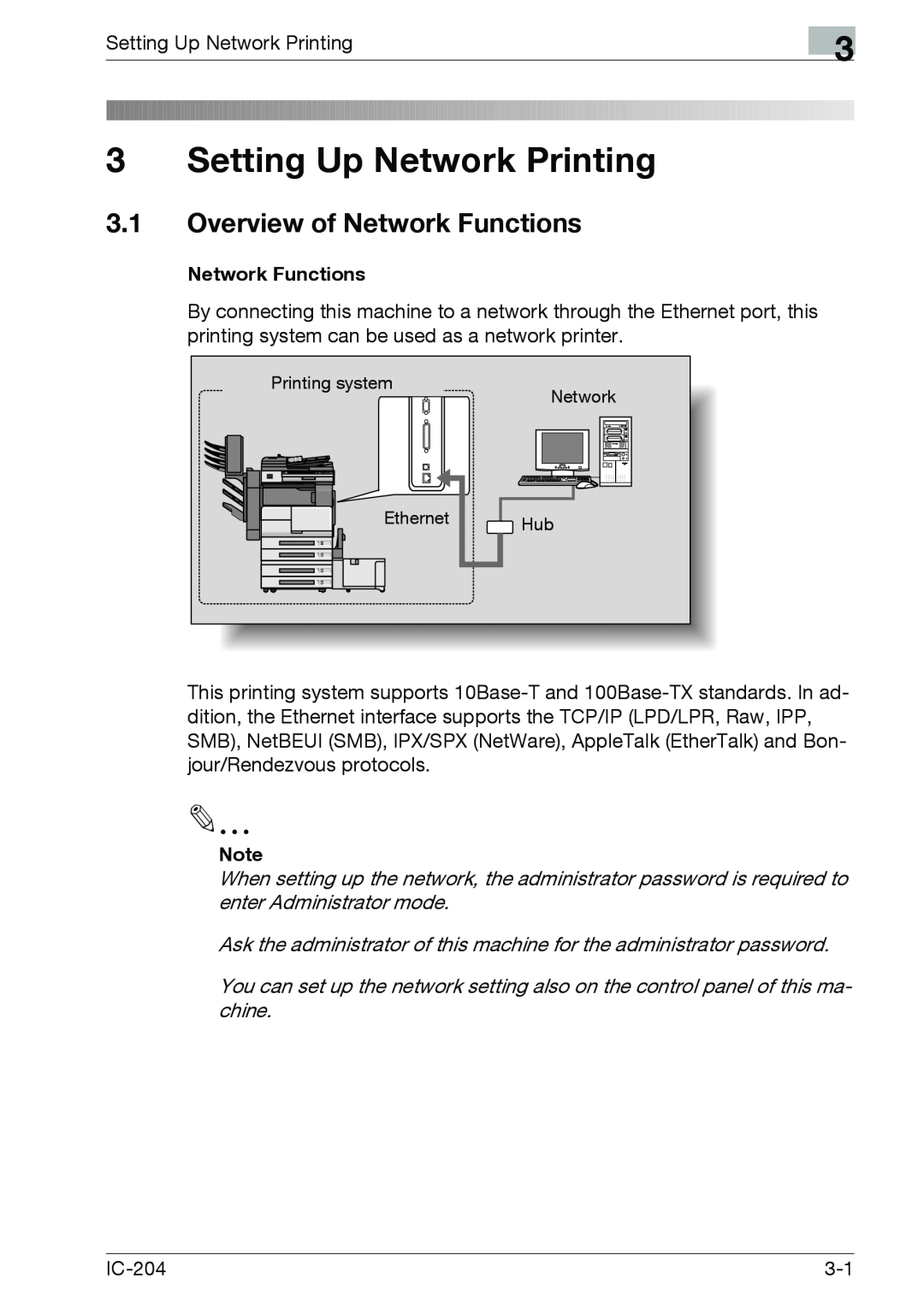 Konica Minolta IC-204 manual Setting Up Network Printing, 3.1Overview of Network Functions 