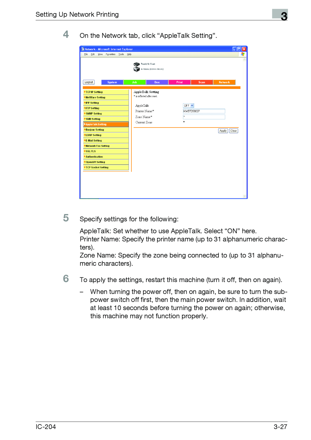 Konica Minolta IC-204 manual 4 5 6, Setting Up Network Printing 
