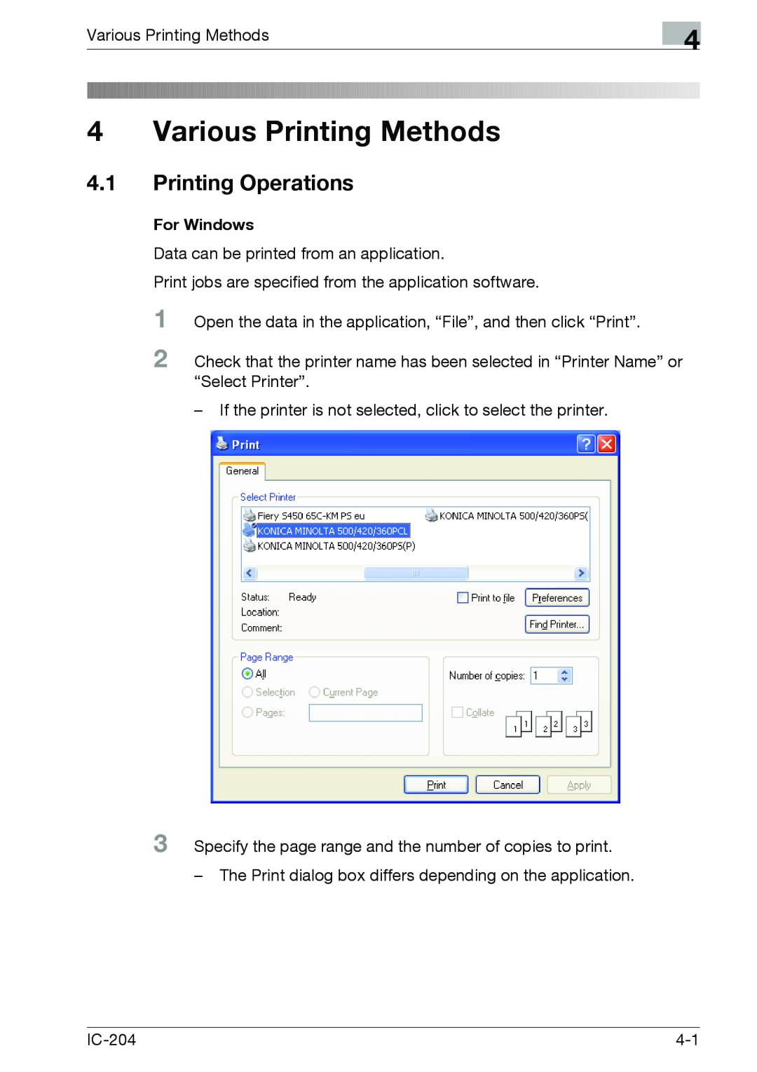 Konica Minolta IC-204 manual Various Printing Methods, 4.1Printing Operations, For Windows 