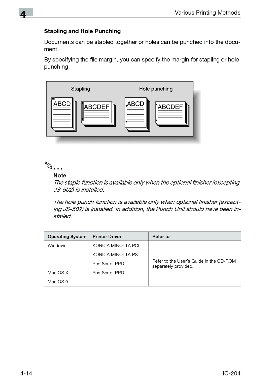 Konica Minolta IC-204 manual Abcd Abcdef, Stapling and Hole Punching 