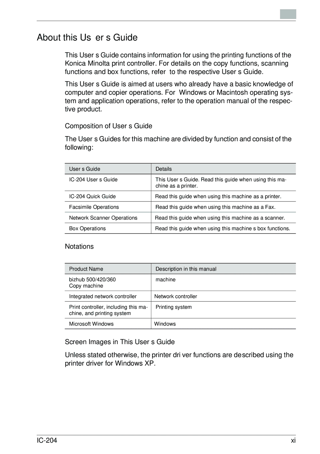 Konica Minolta IC-204 About this User’s Guide, Composition of User’s Guide, Notations, Screen Images in This User’s Guide 