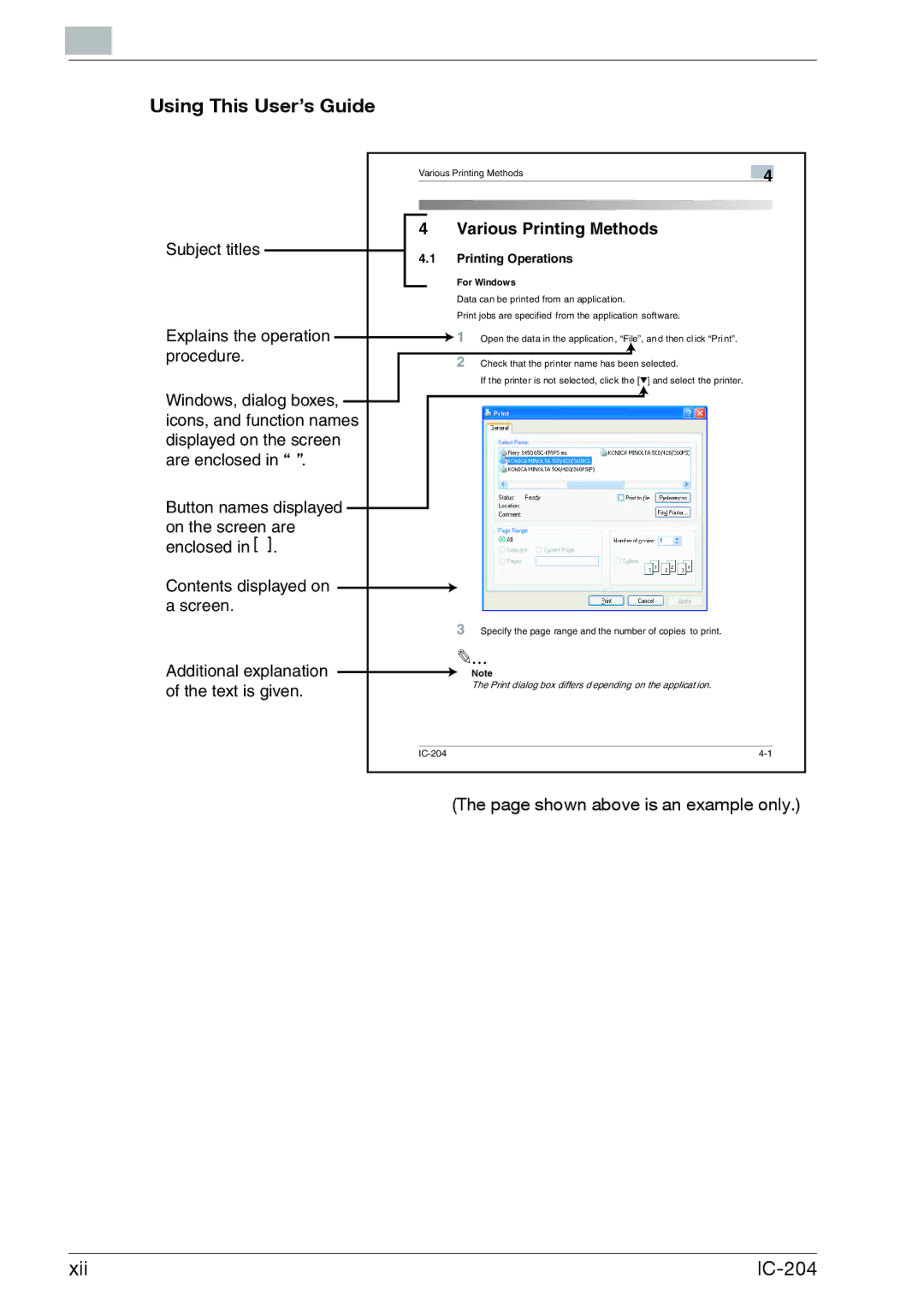 Konica Minolta IC-204 manual Using This User’s Guide, Various Printing Methods 