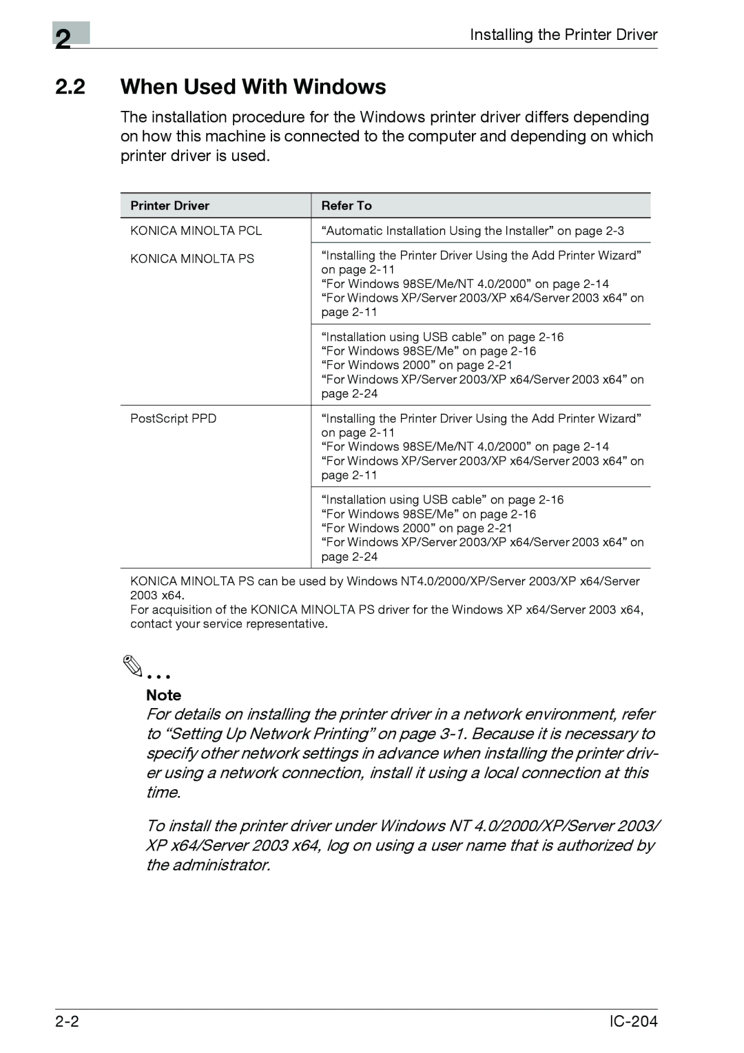 Konica Minolta IC-204 manual When Used With Windows, Printer Driver Refer To 