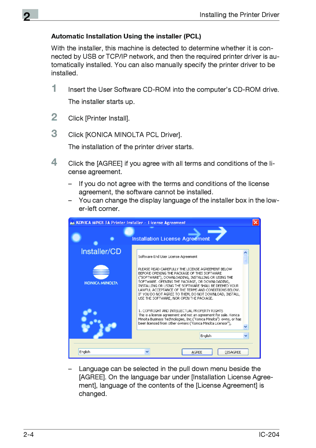 Konica Minolta IC-204 manual Automatic Installation Using the installer PCL 