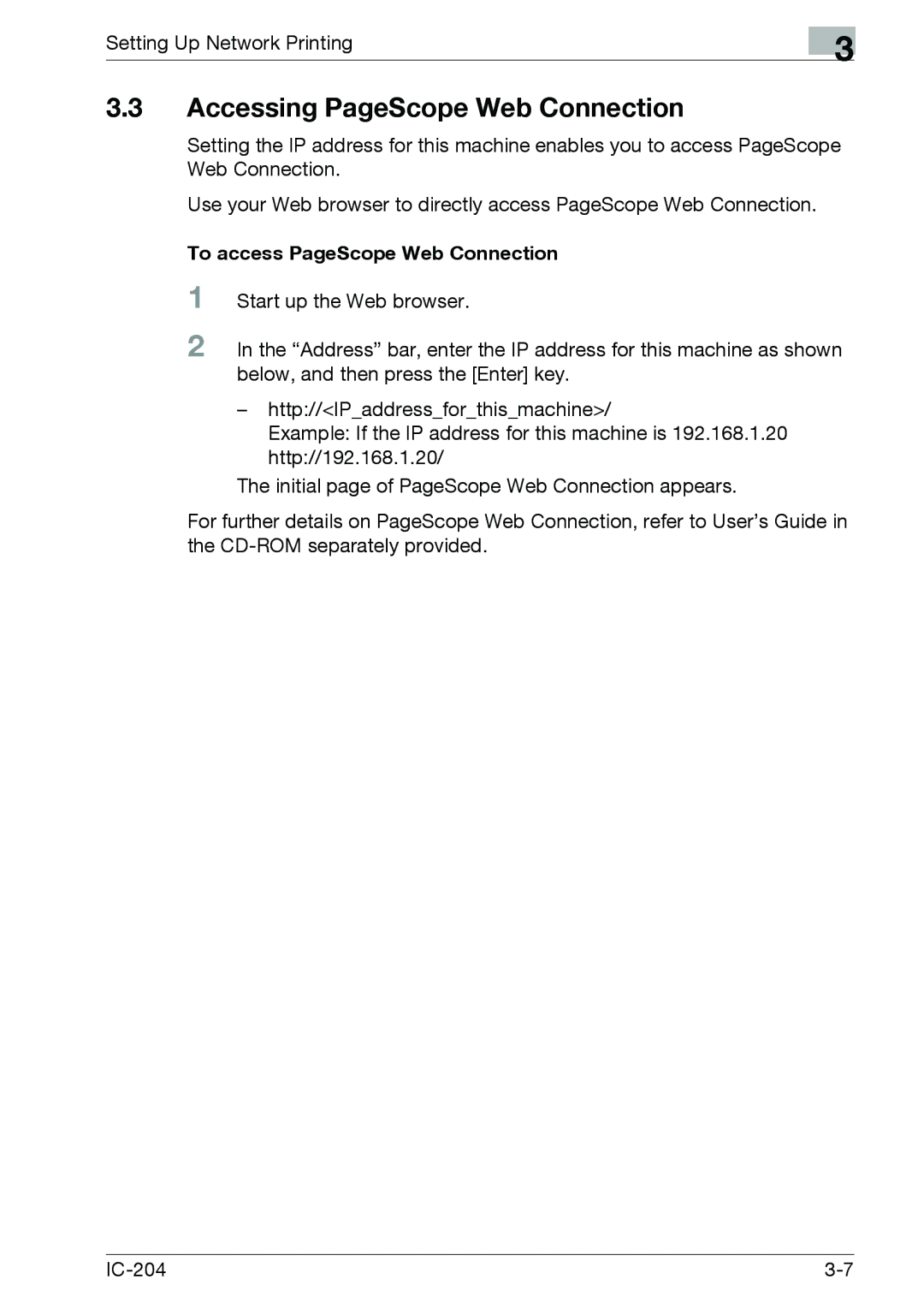 Konica Minolta IC-204 manual Accessing PageScope Web Connection, To access PageScope Web Connection 